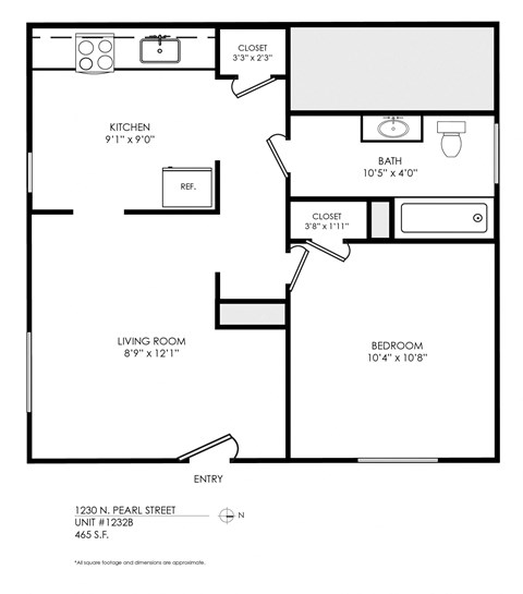 Floor plan for 1 bed, 1 bath, 580 sqft